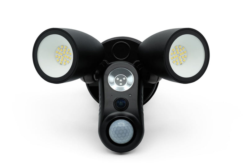 A black Amalock CAM-600FL plug-in floodlight security camera on a white background