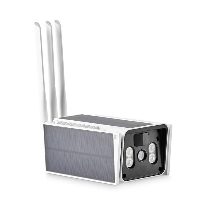 Left side view of a white Amalock CAM500 battery/solar WiFi security camera, featuring three antennas and compact solar panels folded down, set against a white background.