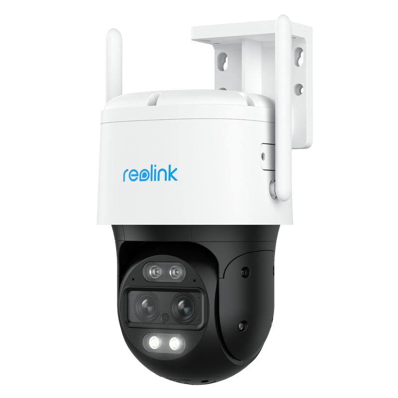 A white Reolink TrackMix LTE 4G battery/solar outdoor security camera with dual lenses and antennas, primarily white in color branded with Reolink logo.