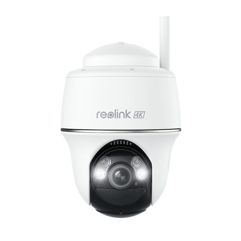 A white Reolink Argus PT Ultra PTZ (Pan-Tilt) surveillance camera with an antenna, branded with the Reolink logo, designed for outdoor use.