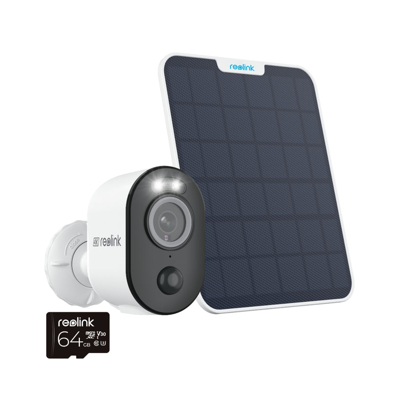 Reolink Argus 3 Ultra battery security camera with 6W solar panel and a 64GB microSD card on a white background