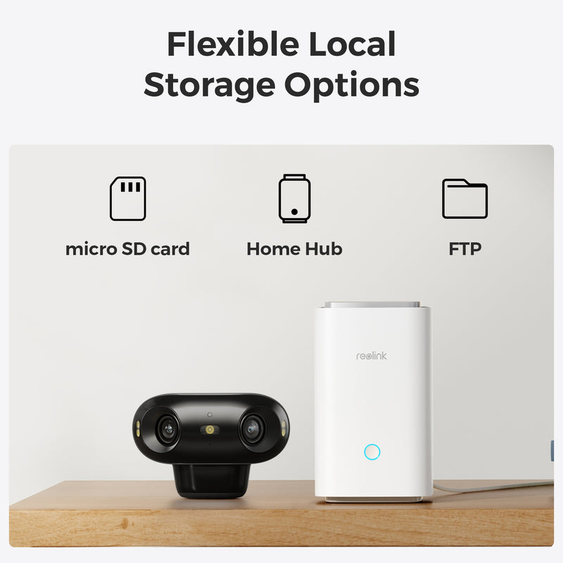 Black Reolink Argus 4 Pro security camera on a shelf next to white Reolink Home Hub