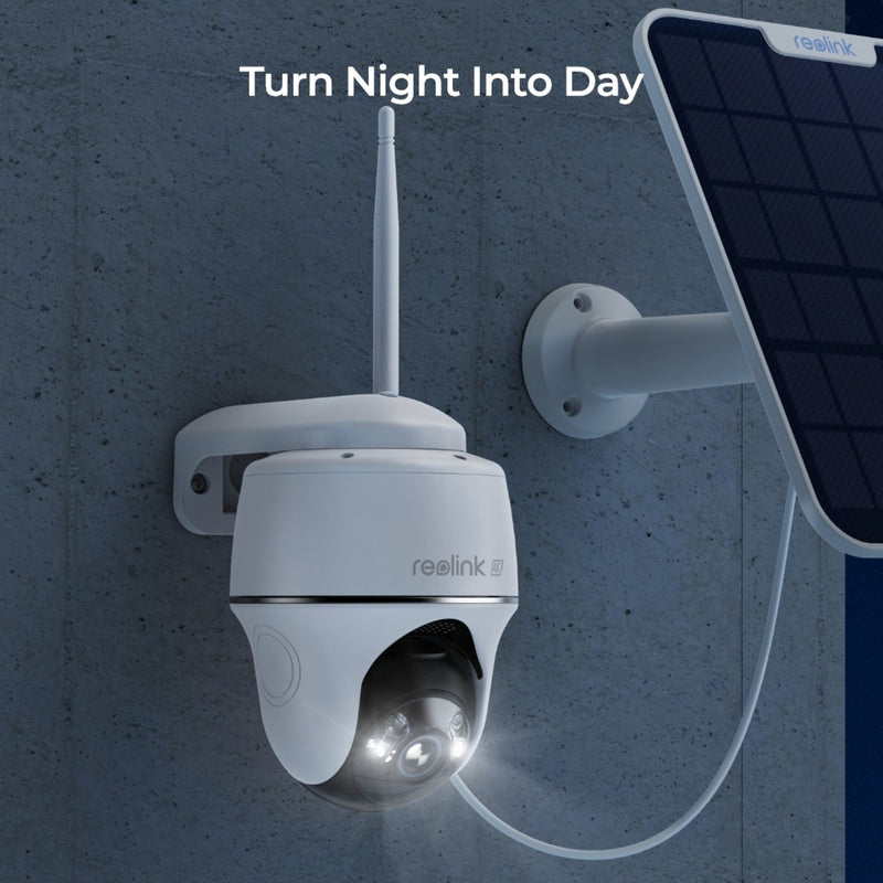 A white Reolink Argus PT Ultra PTZ (Pan-Tilt) surveillance camera mounted on a wall with its spotlights on next to a 6W solar panel attached to its mount against a night sky background