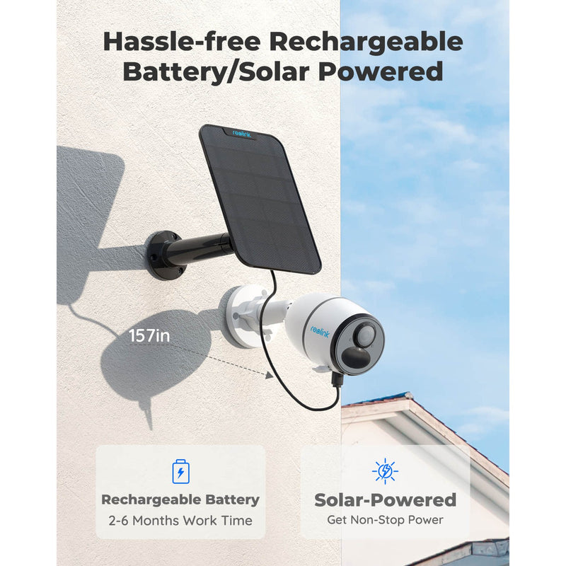A white Reolink Go Plus 4G wireless WiFi rechargeable battery/solar powered security camera branded with Reolink logo connected to a black Reolink solar panel mounted on a white rendered wall with a blue sky background