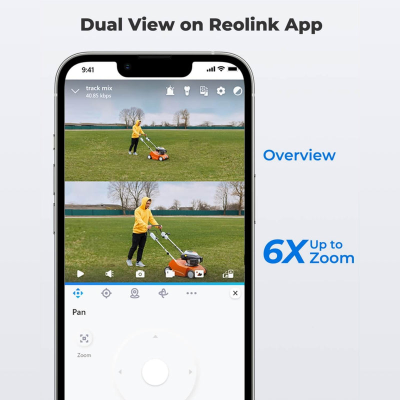 Images of a man in a yellow jumper mowing grass, one at 6X zoom, showing the dual-view functionality available on the Reolink App