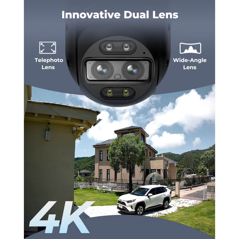 A car on a driveway illustrating the Reolink TrackMix PTZ (Pan-Tilt-Zoom) outdoor security camera’s dual- wide-angle telephoto 4K lens’.