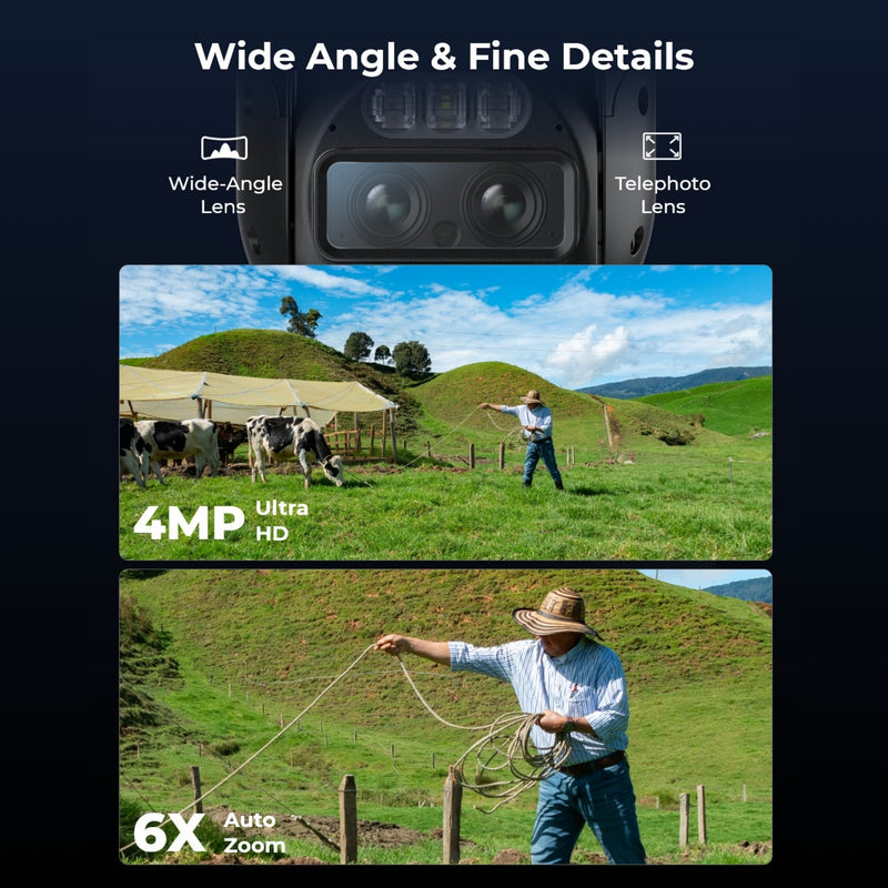 A man in a hat in a field with cows showing the Reolink TrackMix LTE 4G security camera’s wide angle telephoto lens capability