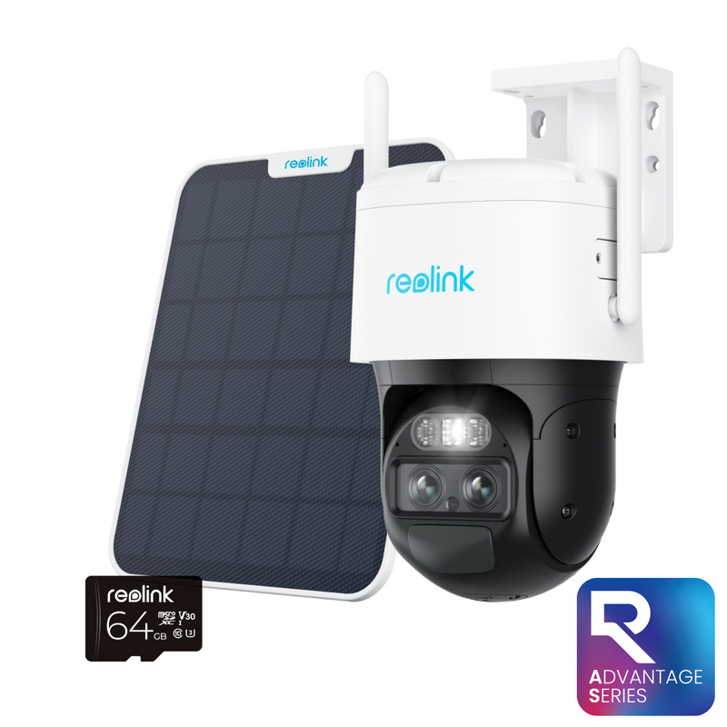 A white Reolink TrackMix LTE 4G PTZ (Pan-Tilt-Zoom) surveillance camera with an antenna, branded with the Reolink logo, next to a solar panel and a 64GB microSD card with Reolink Advantage Series logo on a white background