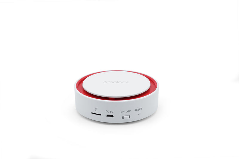 Amalock ALM1000 shed and garage alarm sounder control hub branded with Amalock logo, showing on/off and reset switches, power and DC 5V connection points