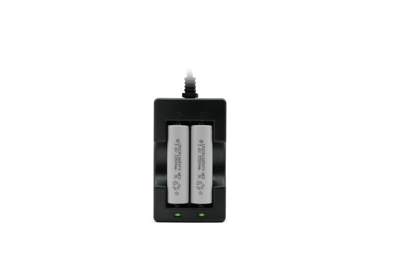 Front view of two grey removable batteries in a black Amalock battery charger, with green power lights on, compatible with Amalock DB101 and DB301 video doorbells