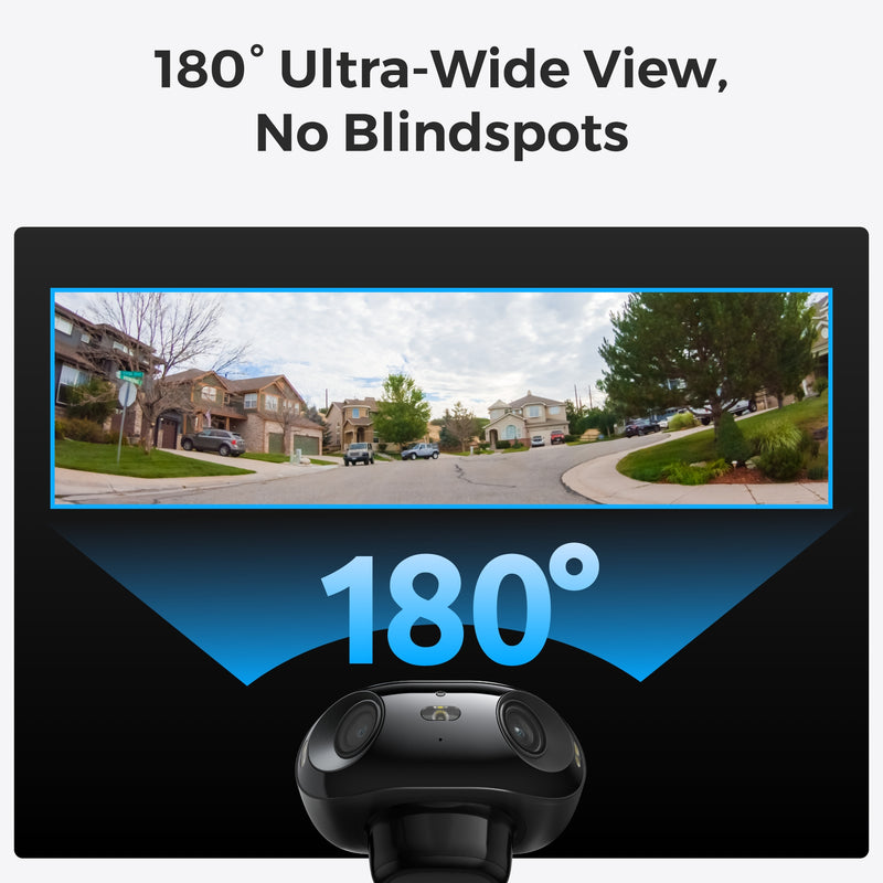 Reolink Argus 4 Pro security camera showing a 180° panoramic view of a street with houses and cars