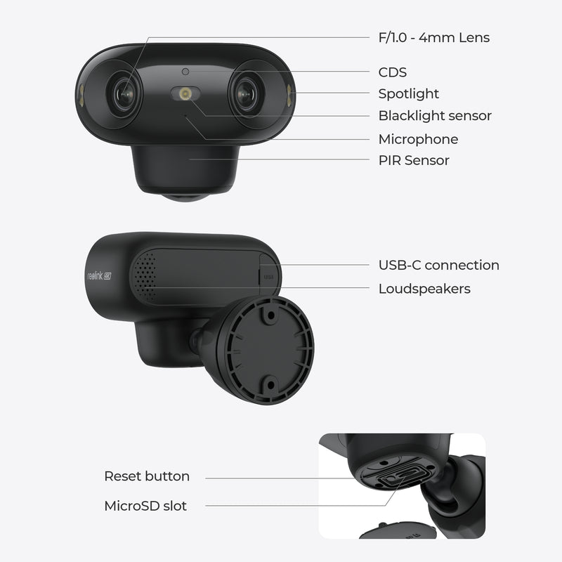Graphic showing features of the Reolink Argus 4 Pro security camera including PIR Sensor, spotlight and loudspeakers