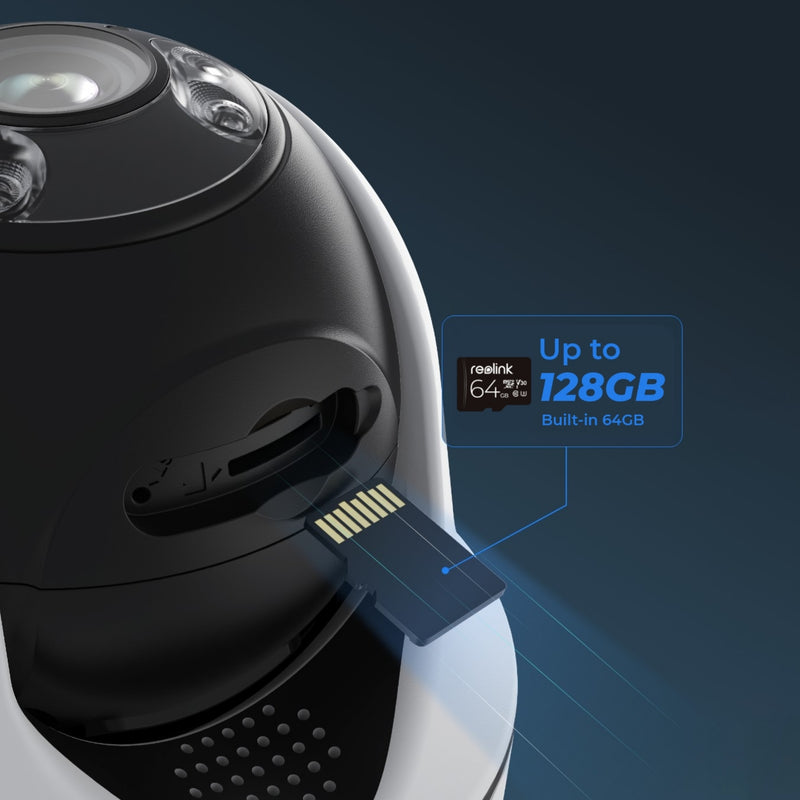 Graphic showing Reolink Argus PT security camera’s SD card slot, indicating the camera comes with a built-in 64GB microSD card but is compatible with a 128GB microSD card