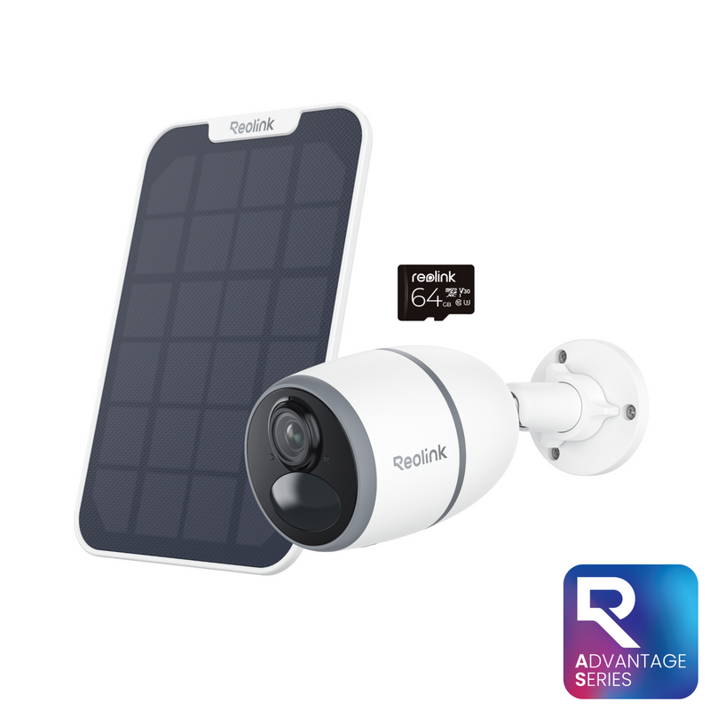 A white Reolink Go Plus 4G wireless WiFi bullet security camera branded with Reolink logo with solar panel, designed for outdoor use.