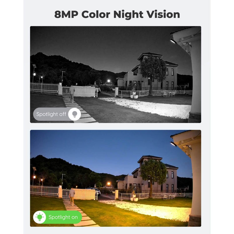Day and night images of a man walking up a garden path viewed from the Reolink TrackMix PTZ security camera with its spotlights off and its 8MP colour night vision with its spotlights on