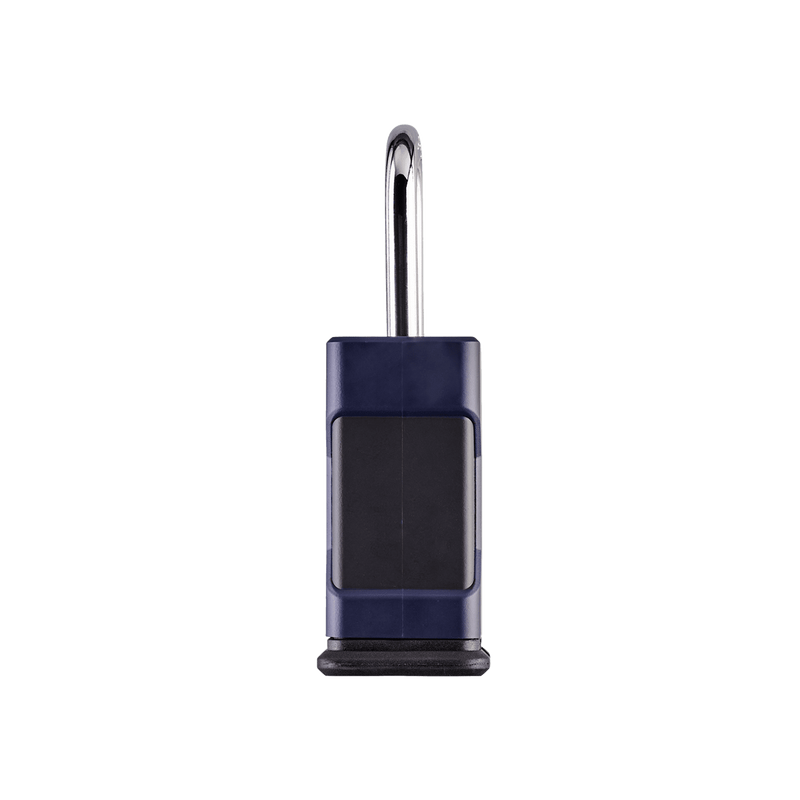 Side view of a dark blue and black Squire SS45 Stronghold Open Shackle Padlock with a solid metal body and a shackle visible on the top suitable for outdoor security uses.