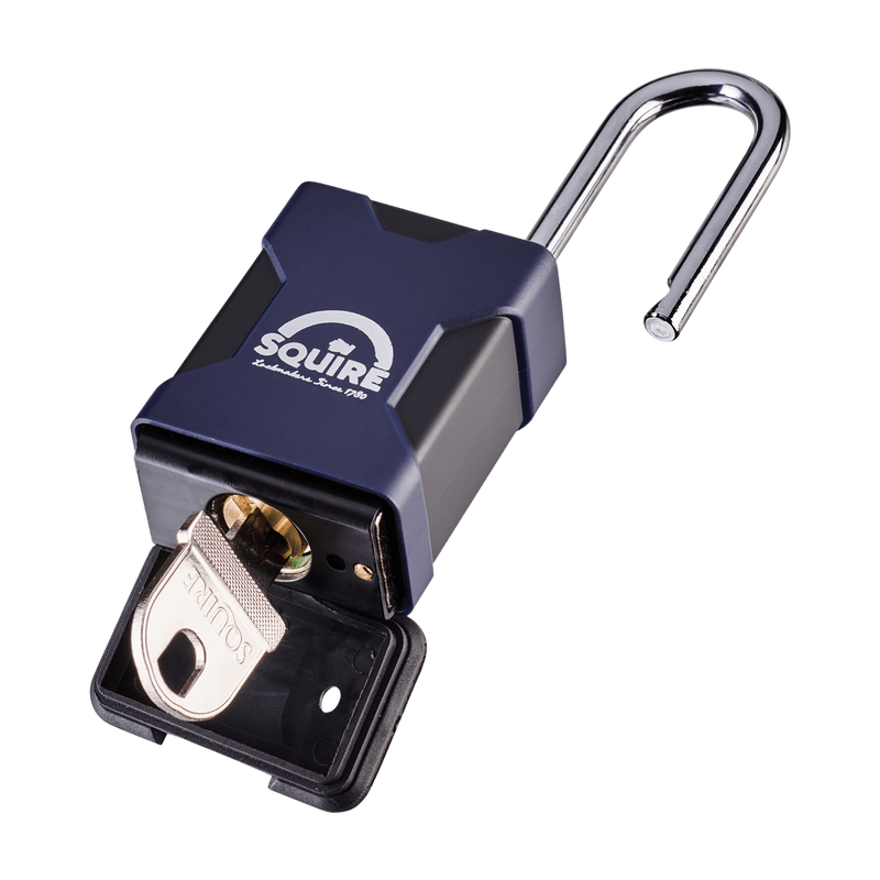 A dark blue and black Squire SS45 Stronghold Open Shackle Padlock with a branded label on the front and its shackle and protective weatherproof cover open.