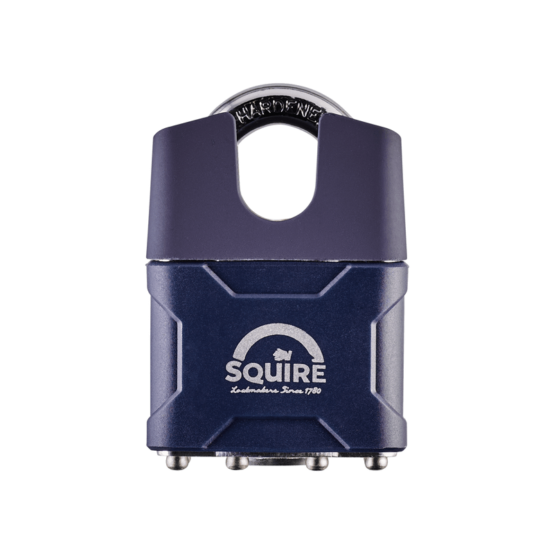A blue Squire 37CS medium duty closed shackle padlock featuring an 8mm hardened steel shackle suitable for a range of garden and outdoor security applications.