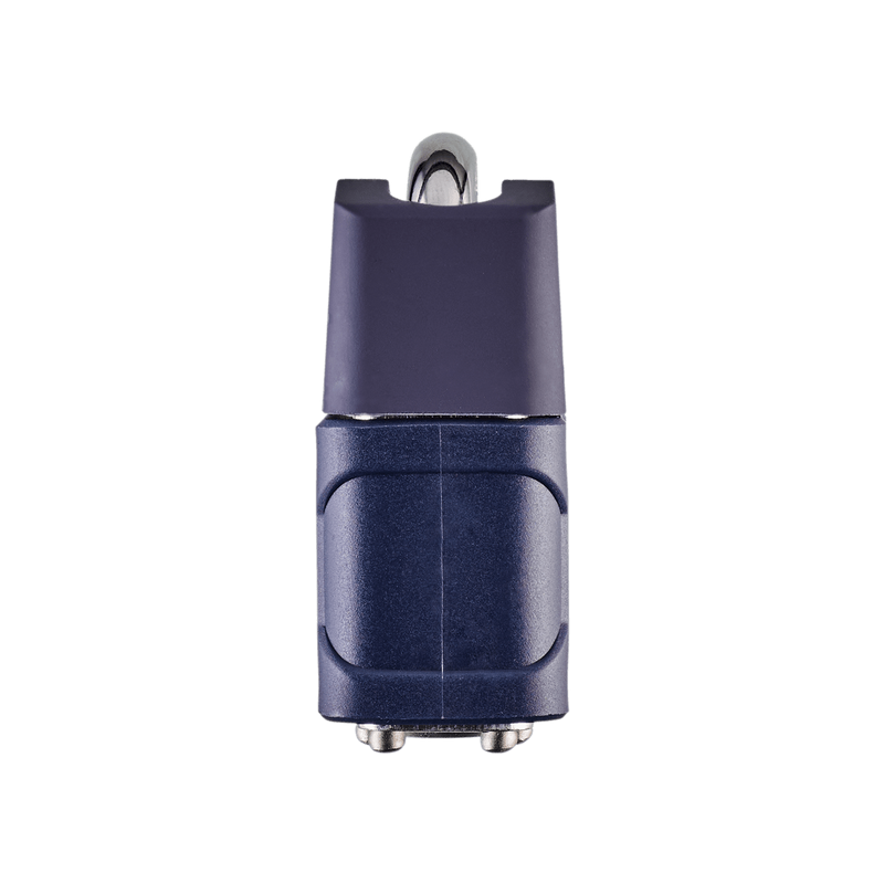 Side view of a blue Squire 37CS medium duty closed shackle padlock featuring an 8mm hardened steel shackle suitable for a range of garden and outdoor security applications.
