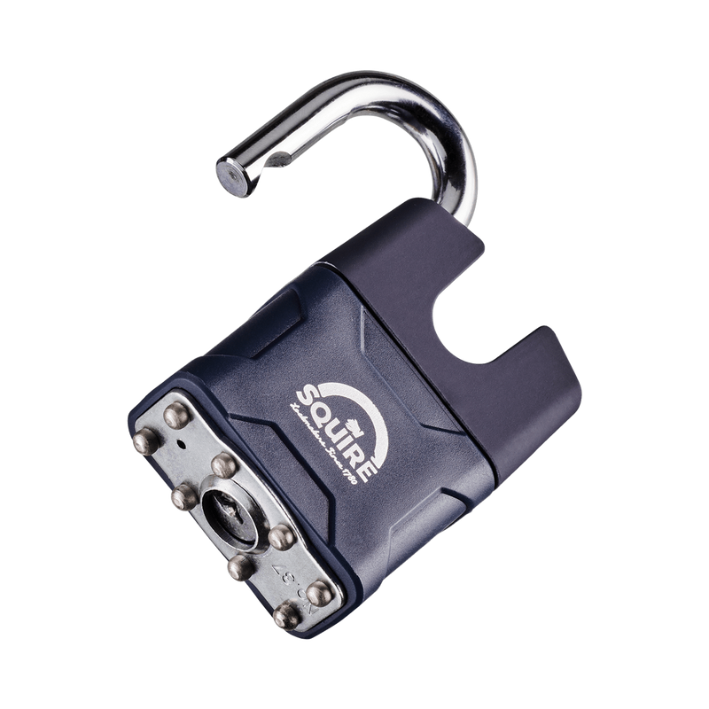 A blue Squire 37CS medium duty closed shackle padlock on its side featuring an 8mm hardened steel shackle, suitable for a range of garden and outdoor security applications.