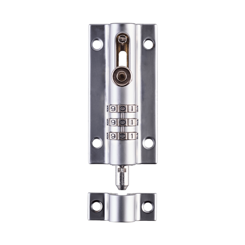 Front view image of a chrome-finish Squire ‘Combi-Bolt 3’, a 3-wheel recodable light to medium-duty combination locking bolt suitable for use on sheds and workshops, storage units, lockers, cupboards and cabinets.