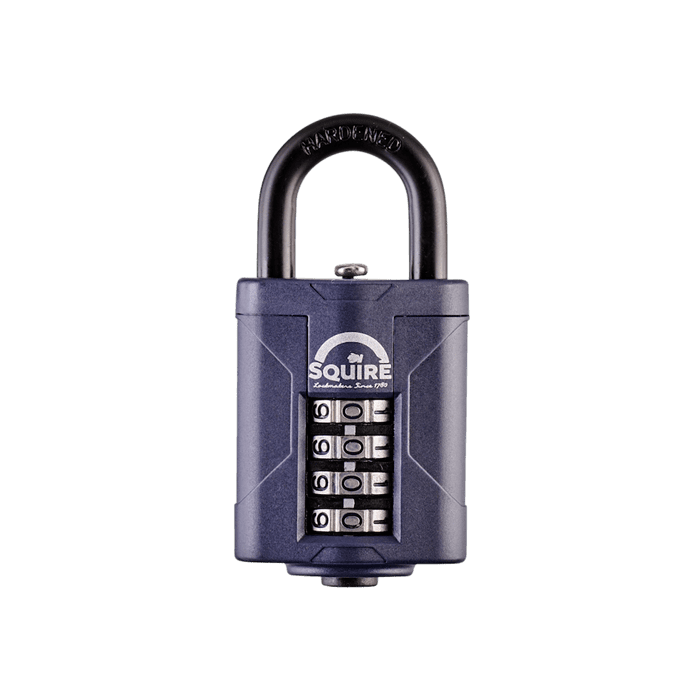 A blue Squire CP40 heavy-duty open-shackle combination padlock with a 6mm hardened steel shackle and 4-wheel recodable mechanism suitable for a range of garden and outdoor security applications. 