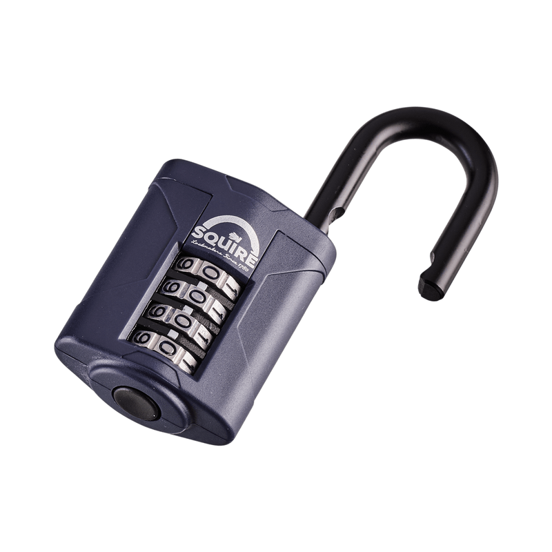 A blue Squire CP40 heavy-duty open-shackle combination padlock with its 6mm hardened steel shackle open and its 4-wheel recodable mechanism on the front, suitable for a range of garden and outdoor security applications. 