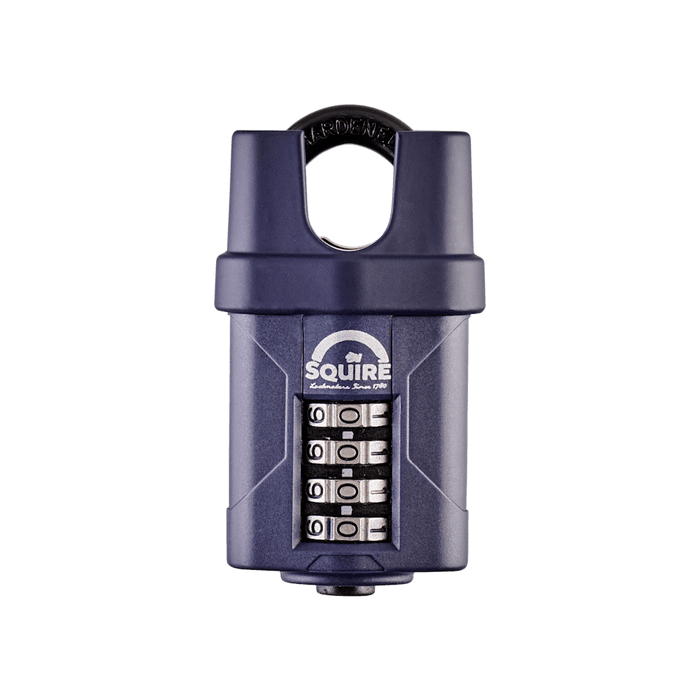A blue Squire CP40CS heavy-duty closed-shackle combination padlock with a 6mm hardened steel shackle and 4-wheel recodable mechanism suitable for a range of garden and outdoor security applications.