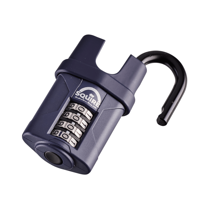 A blue Squire CP40CS heavy-duty closed-shackle combination padlock with its 6mm hardened steel shackle open and its 4-wheel recodable mechanism on the front, suitable for a range of garden and outdoor security applications. 