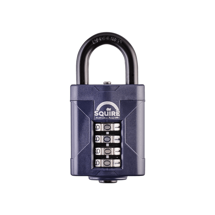 A blue Squire CP50 heavy-duty open-shackle combination padlock with an 8mm hardened steel shackle and 4-wheel recodable mechanism suitable for a range of garden and outdoor security applications. 