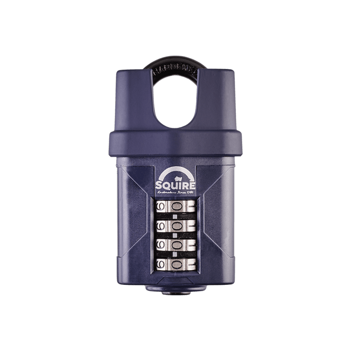 A blue Squire CP50CS heavy-duty closed-shackle combination padlock with an 8mm hardened steel shackle and 4-wheel recodable mechanism suitable for a range of garden and outdoor security applications.