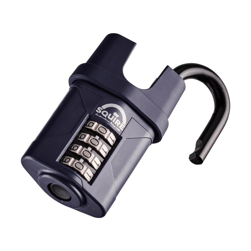 A blue Squire CP50CS heavy-duty closed-shackle combination padlock with its 8mm hardened steel shackle open and its 4-wheel recodable mechanism on the front, suitable for a range of garden and outdoor security applications. 