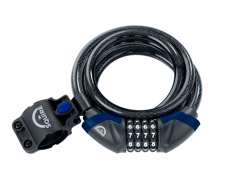 A Squire Kilda 12/1800 multi-purpose 4-wheel combination cable lock, 1800mm in length, with a 12mm diameter hardened steel cable, ideal for securing moveable outdoor objects including bicycles, garden tools and machinery, garden furniture, BBQs, specimen plants, pots and containers.