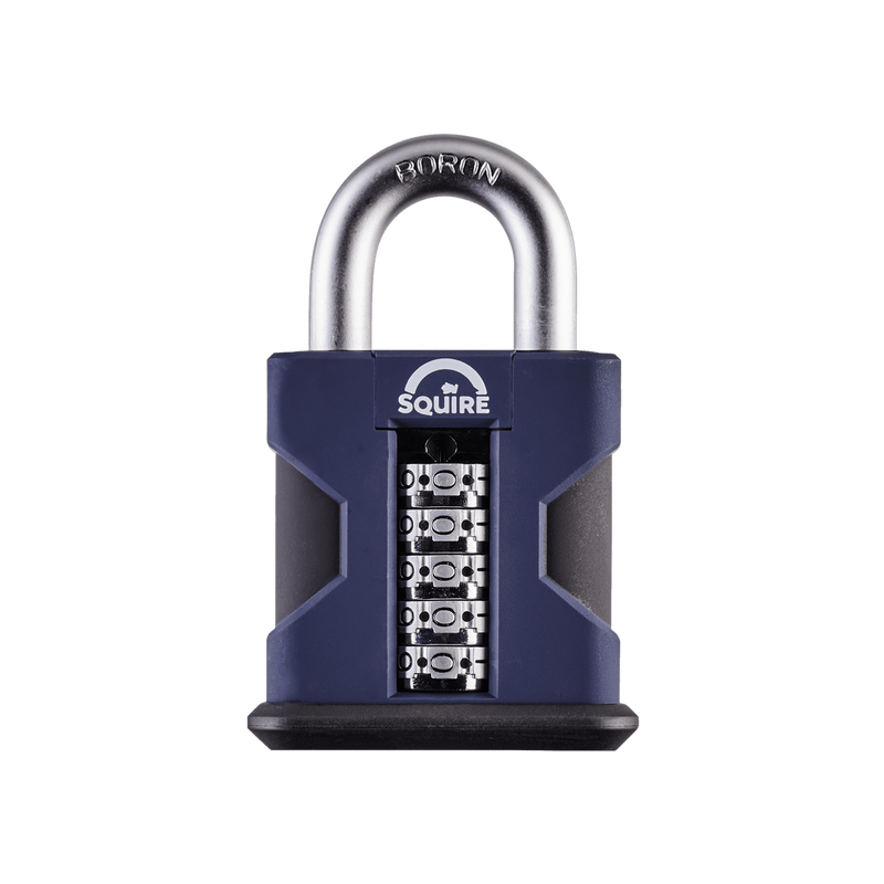 A dark blue and black Squire SS50 COMBI heavy-duty extra high security open-shackle steel combination padlock with a 10mm hardened boron alloy steel shackle and 5-wheel recodable mechanism suitable for a range of garden and outdoor security applications. 