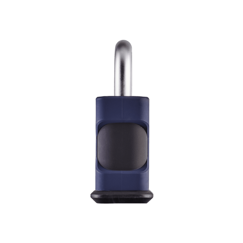 Side view of a dark blue and black Squire SS50 COMBI heavy-duty extra high security open-shackle steel combination padlock suitable for a range of garden and outdoor security applications.