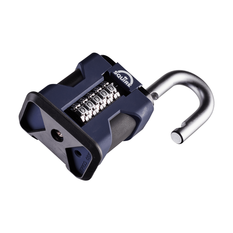A dark blue and black Squire SS50 COMBI heavy-duty extra high security open-shackle steel combination padlock with its 10mm hardened boron alloy steel shackle open and its 5-wheel recodable mechanism and Squire branded label on the front. 