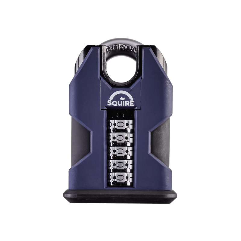 A dark blue and black Squire SS50CS COMBI heavy-duty extra high security closed-shackle steel combination padlock with a 10mm hardened boron alloy steel shackle and 5-wheel recodable mechanism suitable for garage doors and outbuildings. 