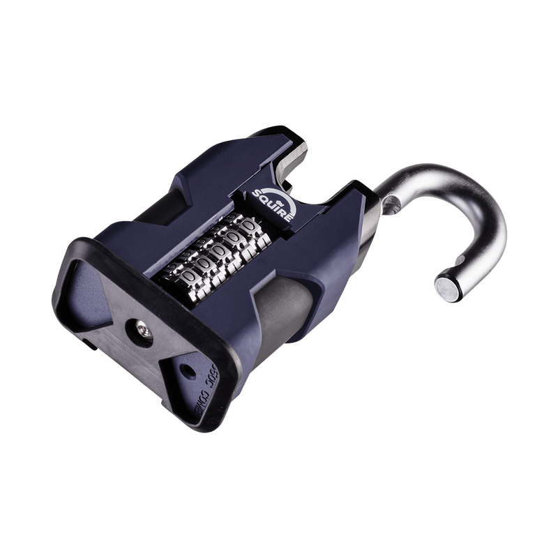 A dark blue and black Squire SS50CS COMBI heavy-duty extra high security closed-shackle steel combination padlock with its 10mm hardened boron alloy steel shackle open and its 5-wheel recodable mechanism and Squire branded label on the front. 