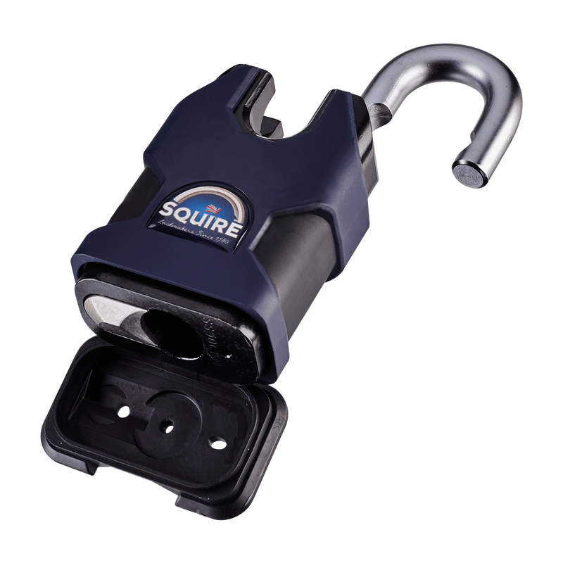 A dark blue and black Squire Stronghold brand high-security 50mm closed shackle padlock with a branded label on the front and its shackle and weather cover open.
