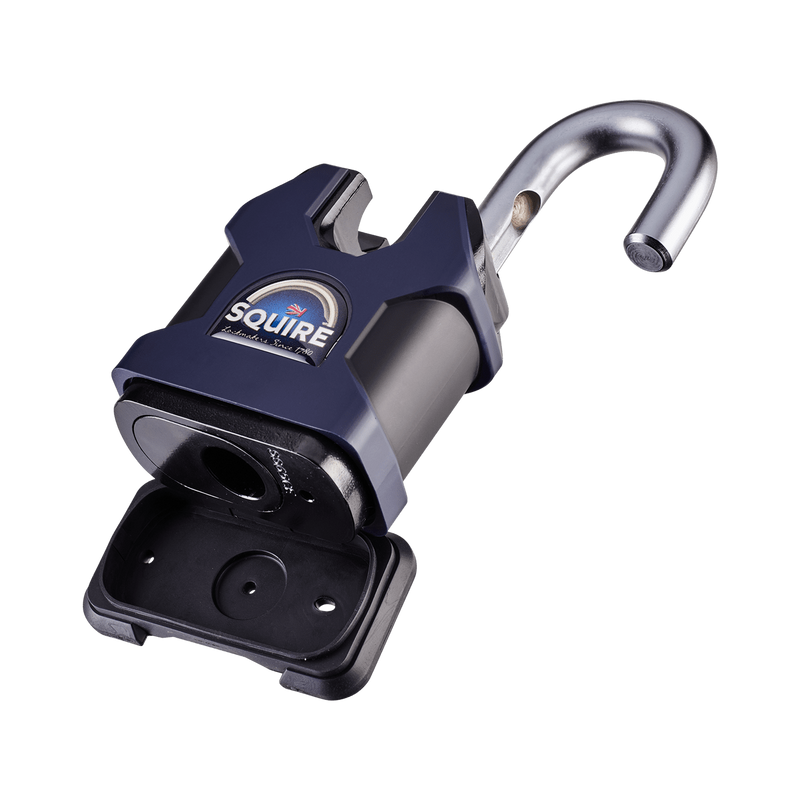 A dark blue and black Squire Stronghold High Security 65mm Closed Shackle Padlock with a branded label on the front and its shackle and weather cover open.