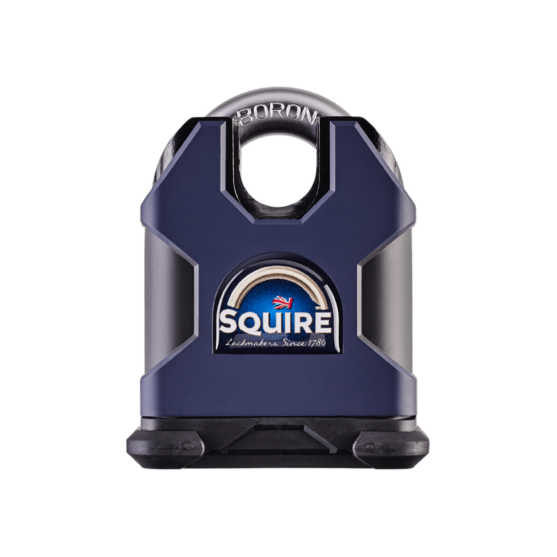 A dark blue and black Squire Stronghold Extra-High Security Rated dimple cylinder 65mm Closed Shackle Padlock with a branded label on the front, suitable for outdoor security uses.