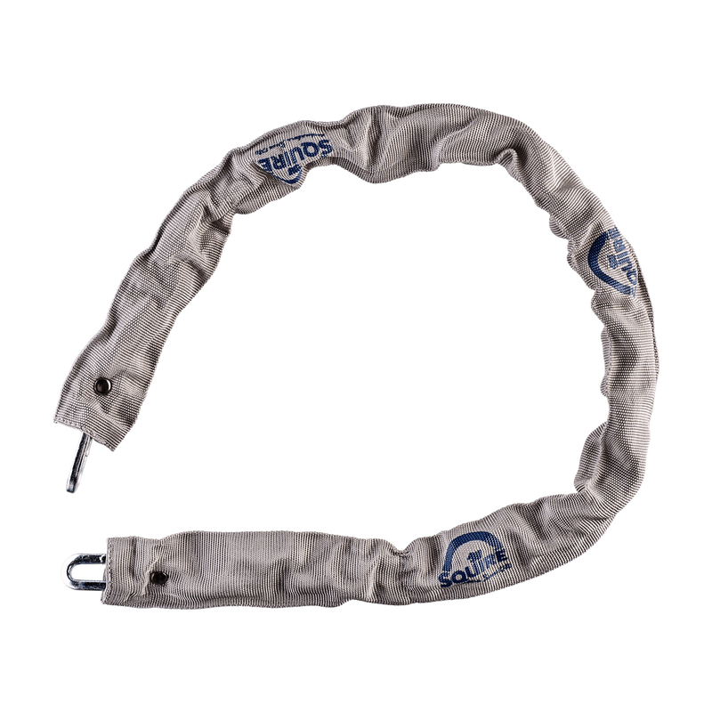 Image of a Squire Toughlock 3536C hardened steel chain, 900mm in length and with 5mm diameter links, with a grey sleeve with visible blue Squire branding.
