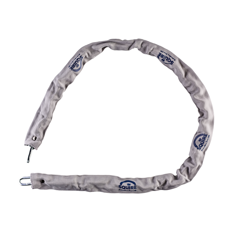 Image of a Squire Toughlock 3548C hardened steel chain, 1200mm in length and with 5mm diameter links, with a grey sleeve with visible blue Squire branding.