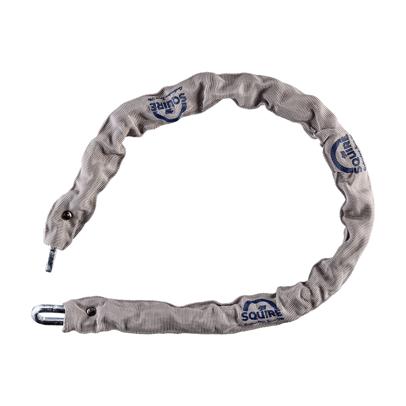 Image of a Squire Toughlock CP36P hardened steel chain, 900mm in length and with 6.5mm diameter links, with a grey sleeve with visible blue Squire branding.