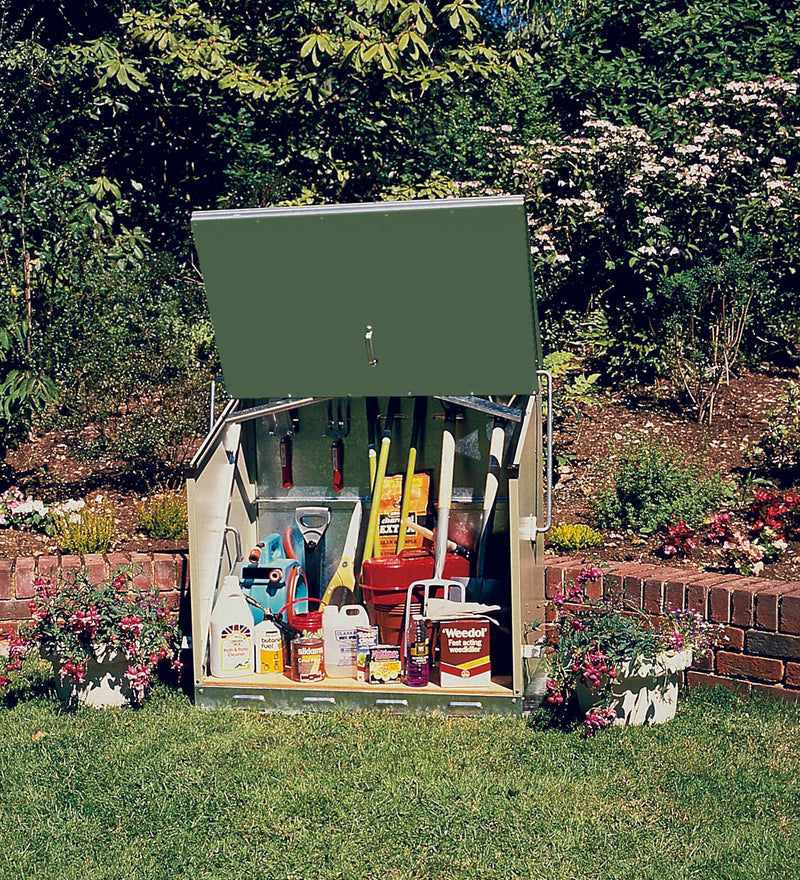 Front view of Trimetals Sentinel two-tone green compact metal garden storage unit with garden tools inside