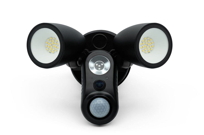 A black Amalock CAM-600FL plug-in floodlight security camera on a white background