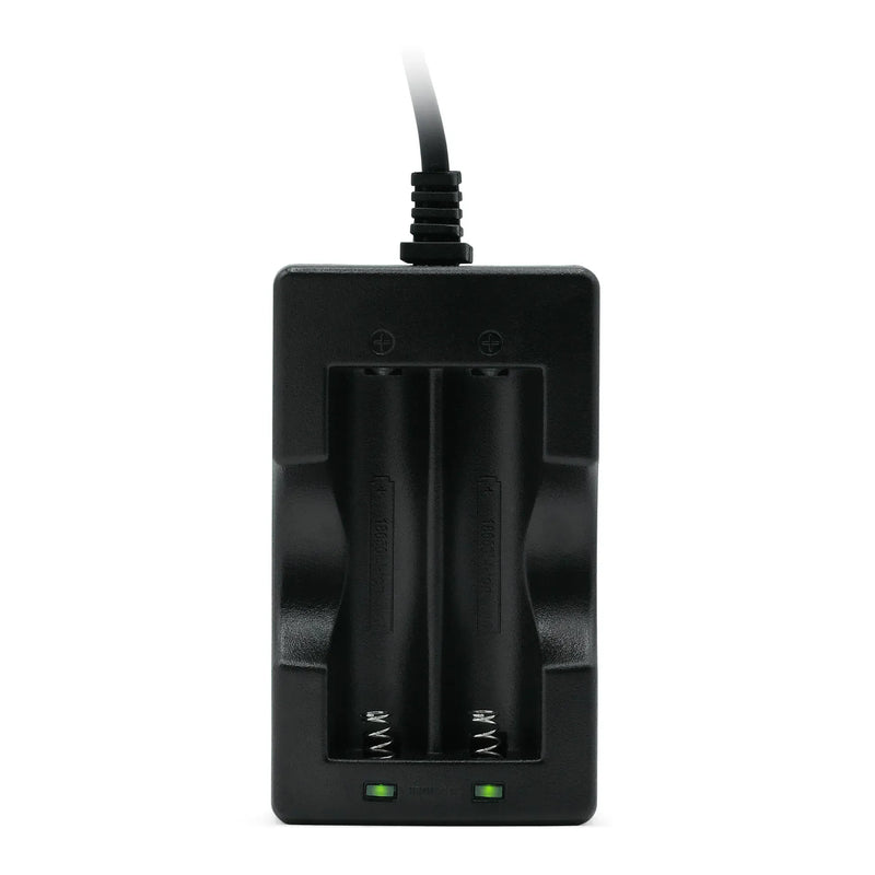 Front view of empty Amalock battery charger with green power lights on, compatible with Amalock DB101 and DB301 video doorbells