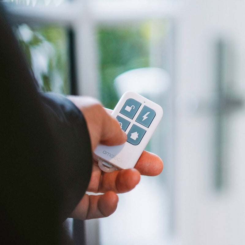 Hand holding Amalock shed and garage alarm remote control