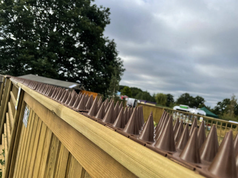 Brown DefendaStrip 'Flex' anti-climb spike strip on top of garden fence with trees in background
