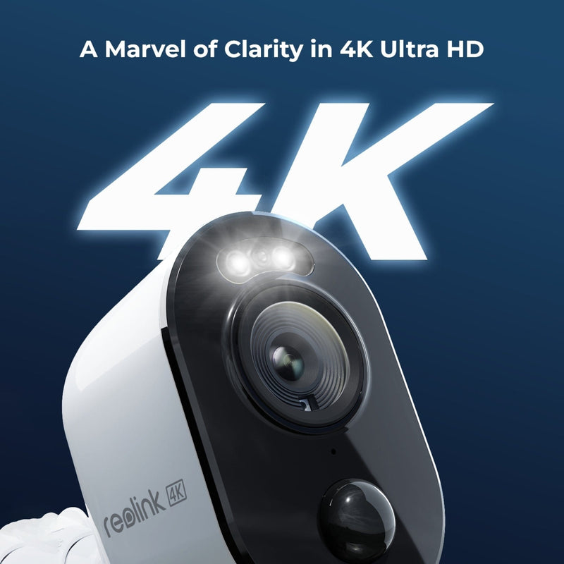 Reolink Argus 3 Ultra 4K Ultra HD security camera with spotlights switched on.